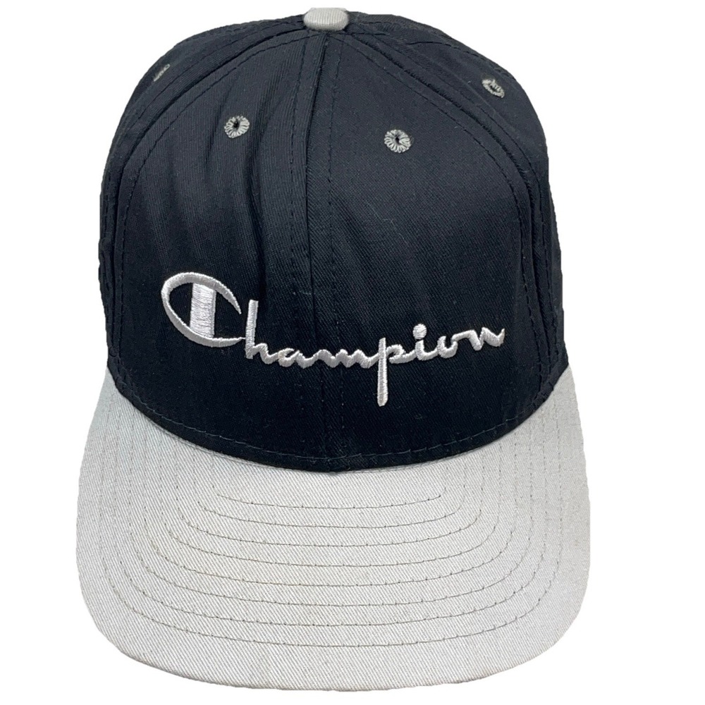 Vintage Champion Hat Cap Snapback Black Gray Made In USA 90s‎ Script Adult